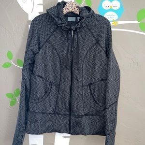 Athleta black/ grey zip sweatshirt with hood. Length 24” chest 21”